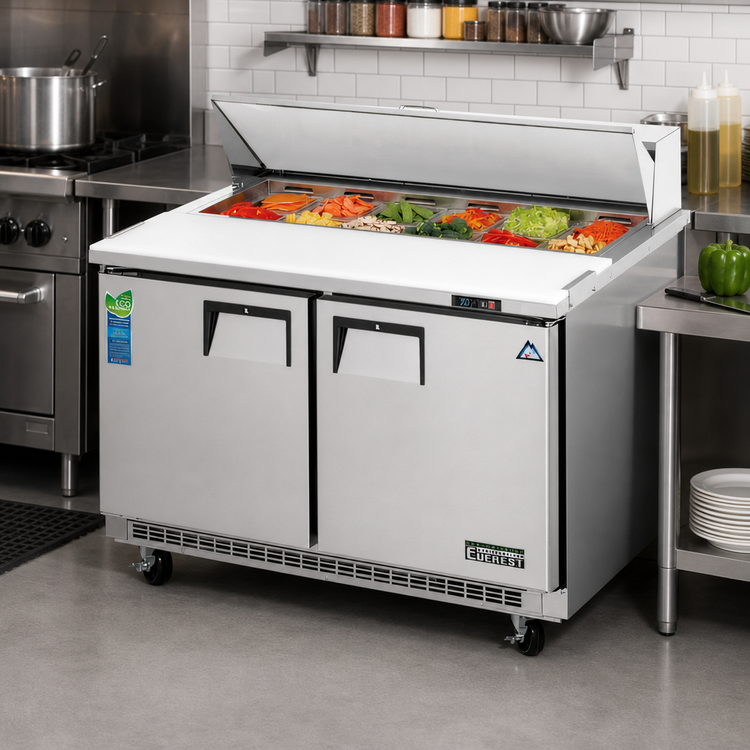 Product image #2 for Everest Refrigeration EPBNR2 Two-Section Sandwich Prep Table, 47-1/2 Inch, 13 Cu. Ft., Rear-Mounted Self-Contained R290 Refrigeration