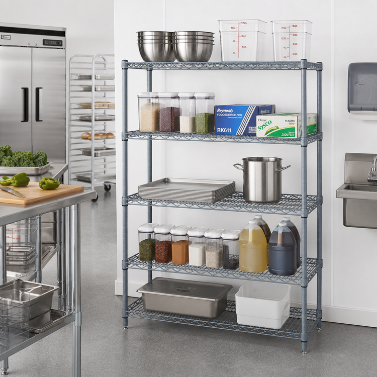 Product image #2 for Quantum 42 in. W x 18 in. D x 54 in. H Wire Shelving Starter Kit, 5 Shelves, Gray Epoxy Antimicrobial Finish