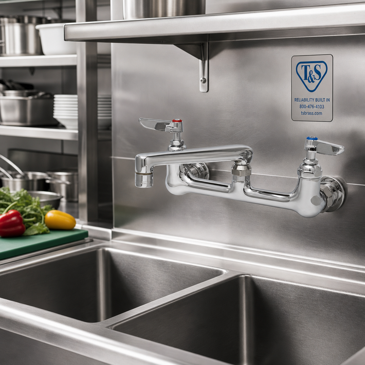 Product image #2 for T&S Brass 8-Inch Adjustable Center Wall Mount Double Pantry Mixing Faucet with 6-Inch Cast Swivel Spout