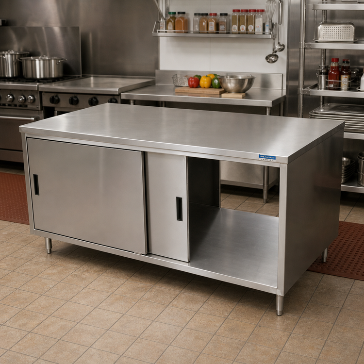 Product image #2 for BK Resources 72" x 36" Dual Access Stainless Steel Chef Table with Cabinet Base and Sliding Doors