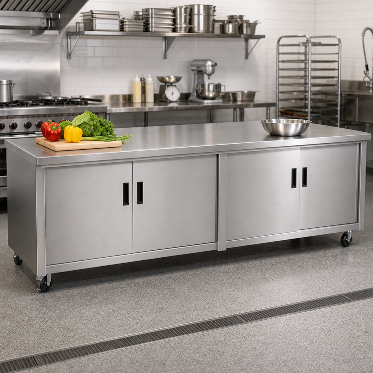 Product image #2 for Advance Tabco 72 x 24 Inch 14-Gauge 304 Stainless Steel Enclosed Cabinet Base Work Table with Mid-Shelf and Hinged Doors