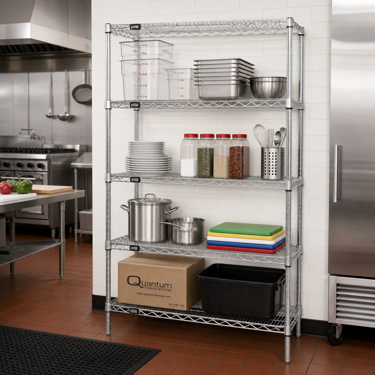 Product image #2 for Quantum Stationary Chrome Wire Shelving Starter Kit, 48 x 18 x 86 Inches, 4 Shelves