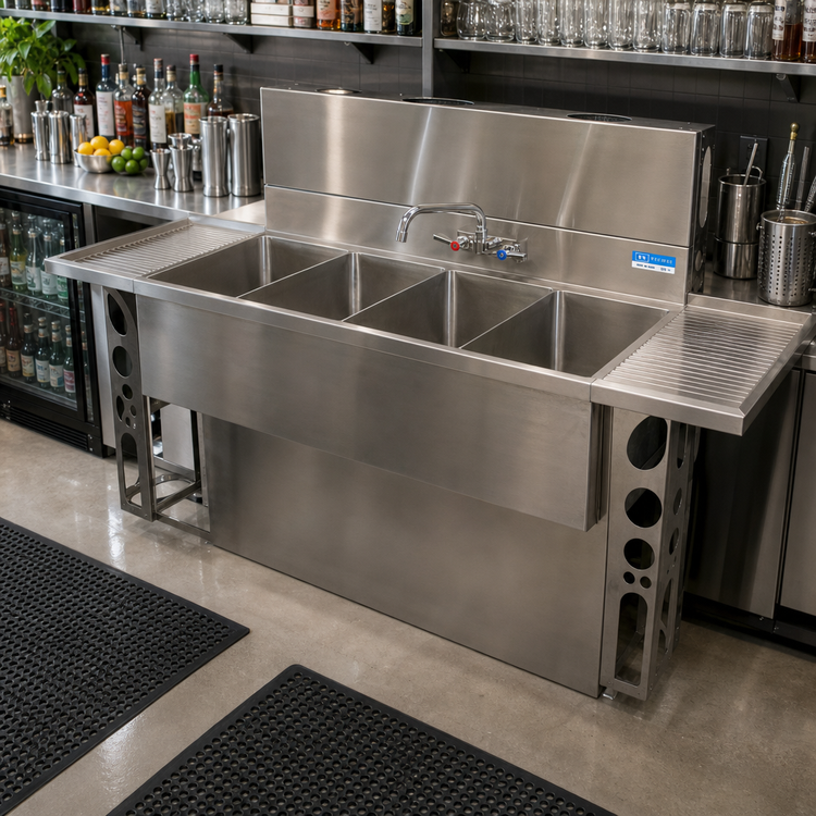 Product image #3 for Slim-Line Three-Compartment Underbar Sink with Dual Drainboards, 60-Inch Wide