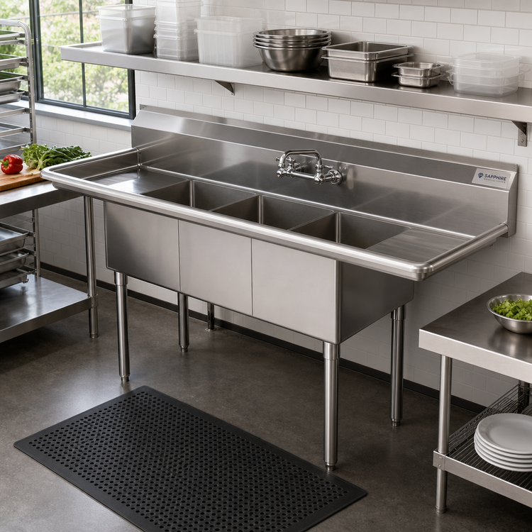 Product image #2 for Sapphire Manufacturing 3-Compartment Stainless Steel Sink with Left and Right Drainboards, 70 Inch Wide