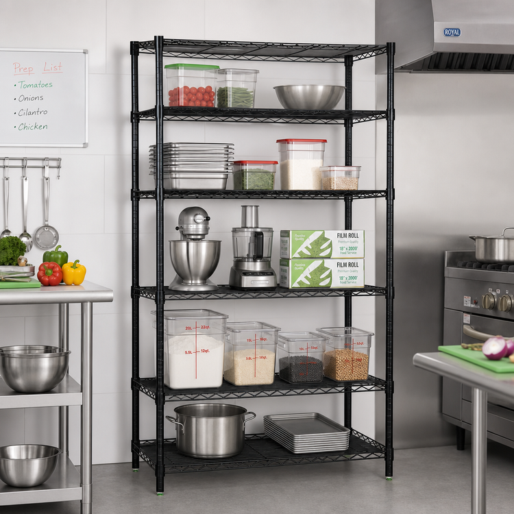 Product image #2 for Quantum 5-Shelf Stationary Wire Shelving Starter Kit, 60W x 36D x 63H, Black Epoxy Antimicrobial Finish