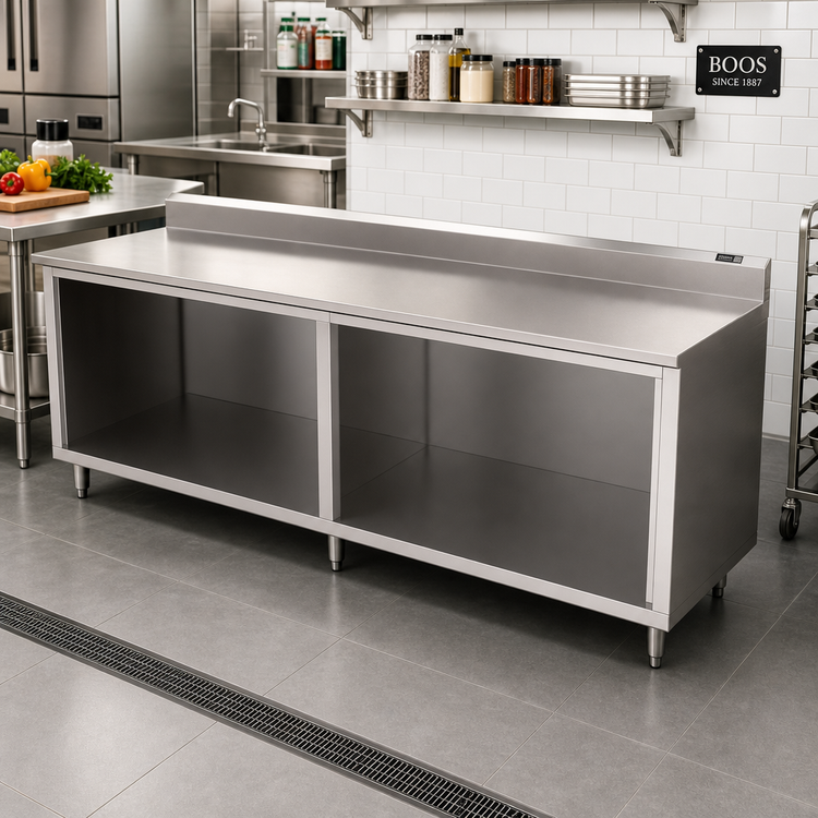 Product image #2 for John Boos 120" x 36" Stainless Steel Cabinet Base Work Table with Open Front and 5" Backsplash