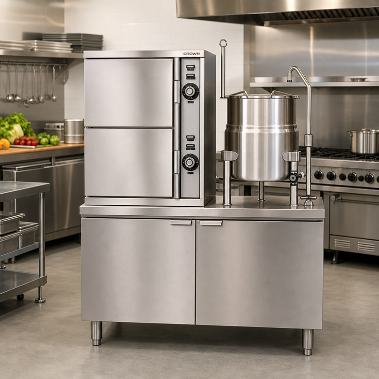 Product image #2 for Crown SCX-2-6 Two Compartment Convection Steamer with 6 Gallon Kettle and 44" Cabinet Base