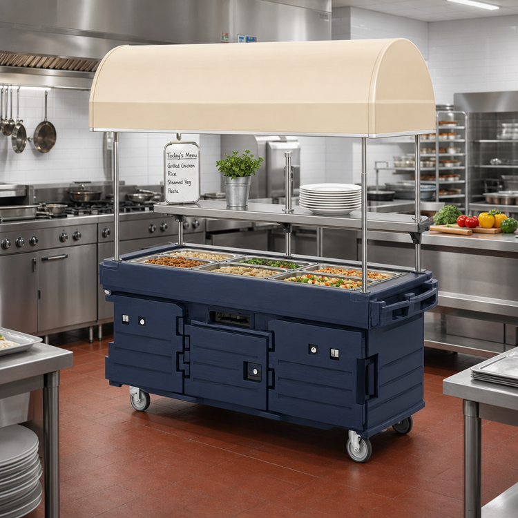 Product image #2 for Cambro CamKiosk Mobile Food Cart with Canopy, 6 Pan Wells, Navy Blue Cart/Beige Canopy