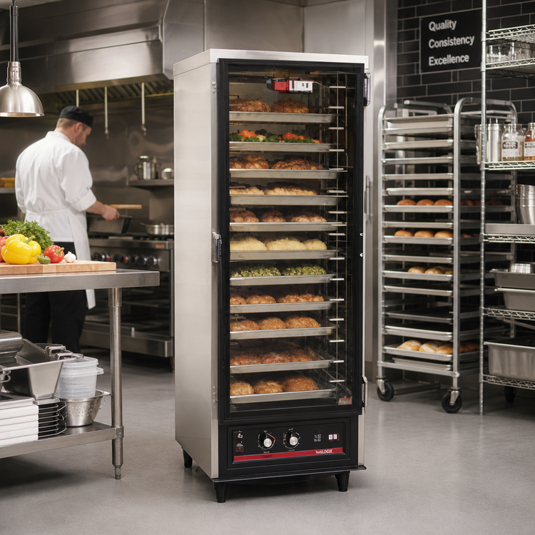 Product image #2 for hotLOGIX HL2-8 Half-Height Humidified Heated Holding Cabinet / Heater-Proofer, Non-Insulated Aluminum, Glass Door, 16-Pan Capacity
