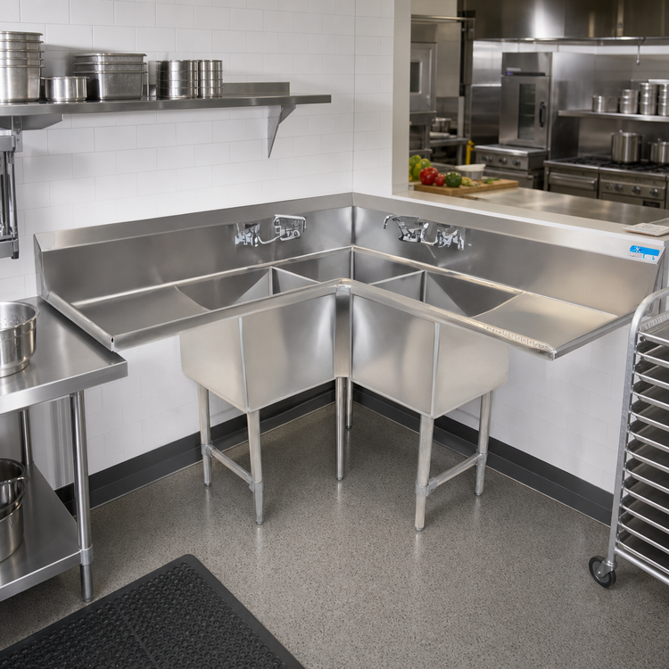 Product image #2 for BK Resources 3-Compartment Corner Sink with Dual 24-Inch Drainboards, 75 x 75 x 43-1/2 Inches