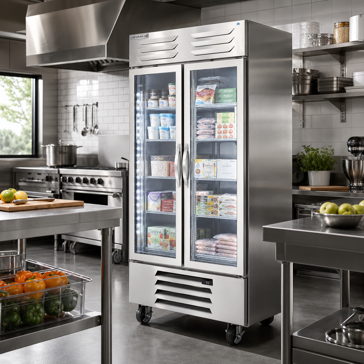 Product image #3 for Beverage-Air Vista® Two-Section Bottom-Mount Self-Contained Reach-In Freezer with Glass Doors, 35.08 Cu. Ft.