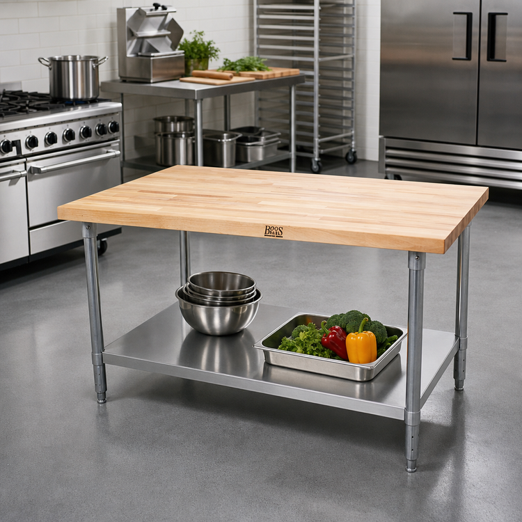 Product image #2 for John Boos 36 Inch x 36 Inch Northern Hard Rock Maple Wood Top Work Table with Adjustable Undershelf
