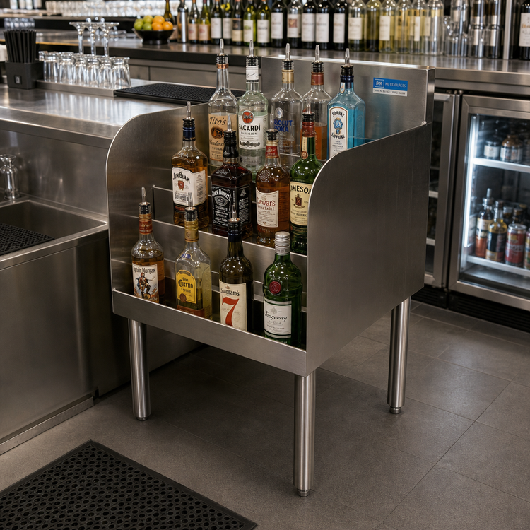 Product image #3 for BK Resources 18-Inch Wide 4-Step Stainless Steel Underbar Liquor Bottle Display Unit, 20-Bottle Capacity