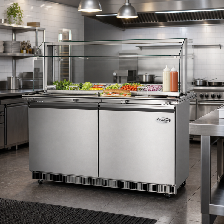 Product image #2 for KoolMore 60-Inch 2-Door Commercial Refrigerated Prep Table with Sneeze Guard and Buffet Slide