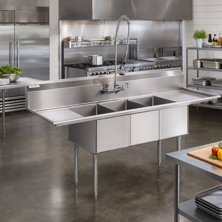 Product image #2 for John Boos E-Series 3-Compartment Sink with Left and Right Drainboards, 90-Inch Wide