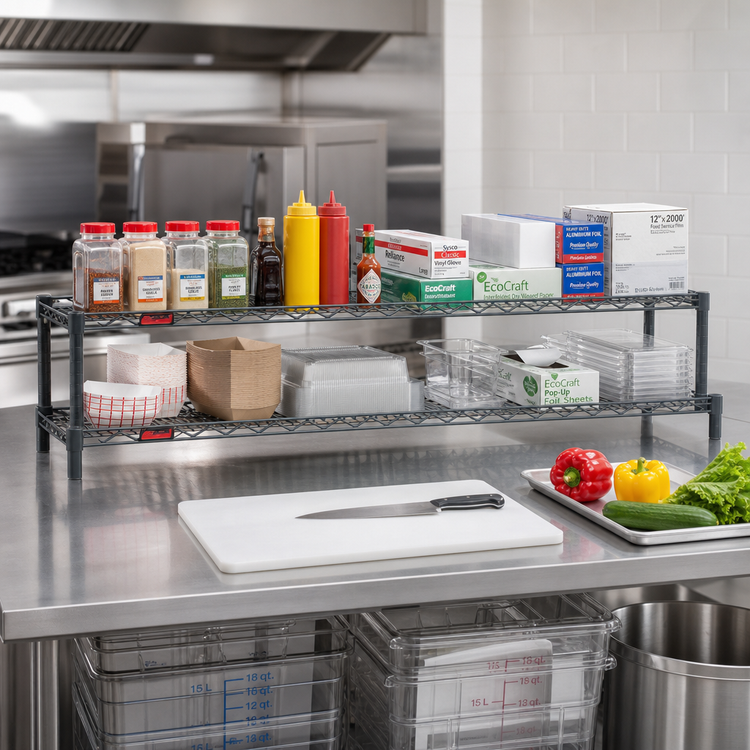 Product image #2 for QuadTruss 2-Tier Front Case Merchandise Cantilevered Wire Shelving Unit, 60"W x 14"D x 14"H, Gray Epoxy