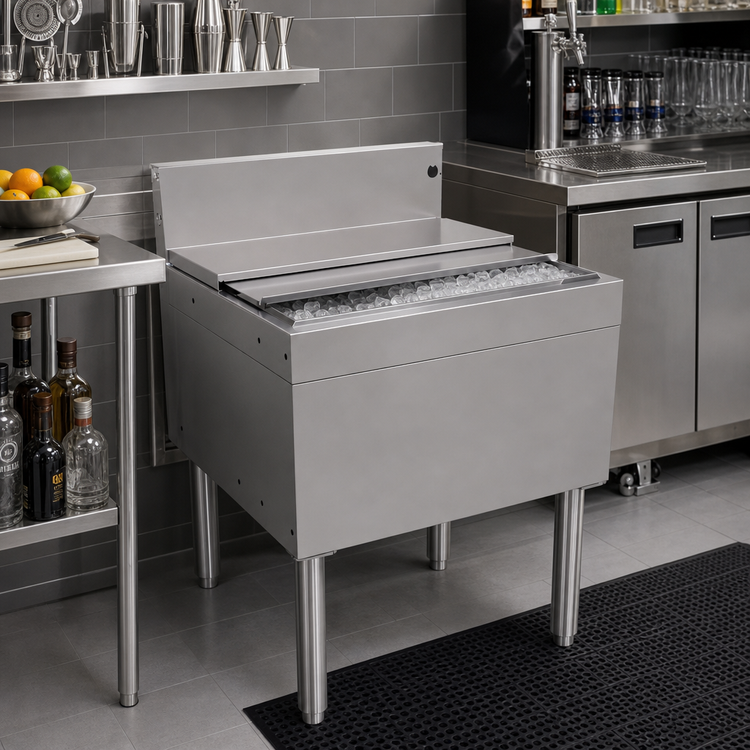 Product image #2 for Glastender Stainless Steel Underbar Ice Bin with 10-Circuit Cold Plate, 24 x 24 Inches, 85 lb. Capacity