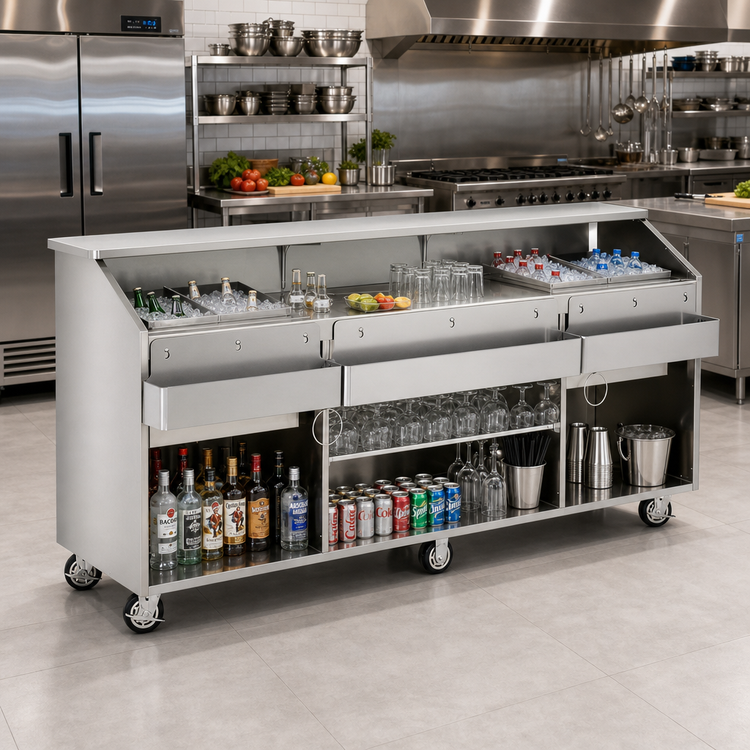 Product image #2 for FWE SCB-8 95-Inch Mobile Stainless Steel Beverage Service Bar with Ice Bins and Underbar Server