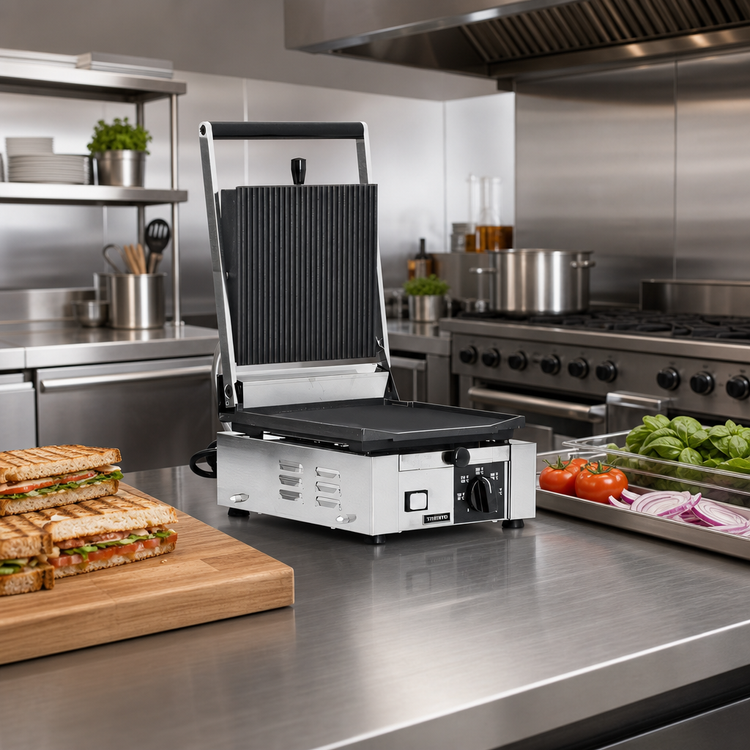Product image #2 for Trento Single Countertop Panini Press / Sandwich Grill with Ribbed Cast Iron Top and Flat Bottom, 10 x 9 Inch Surface
