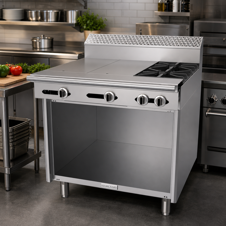Product image #2 for Garland Cuisine Series 36-Inch Heavy Duty Natural Gas Range with 2 Open Burners, 2 Hot Tops, and Open Cabinet Base