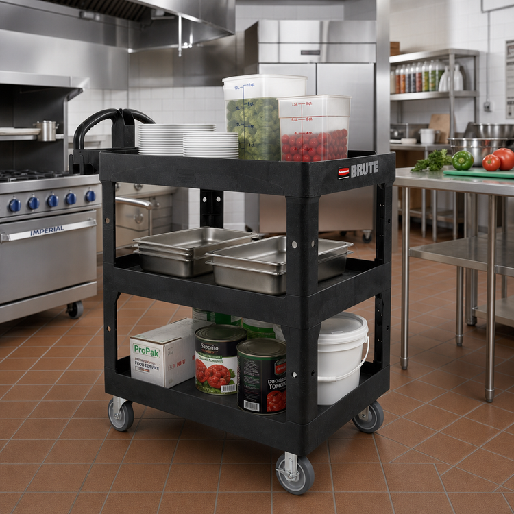 Product image #2 for Rubbermaid Commercial BRUTE Medium 3-Shelf Heavy-Duty Ergo Utility Cart, 600 lb. Capacity, Black