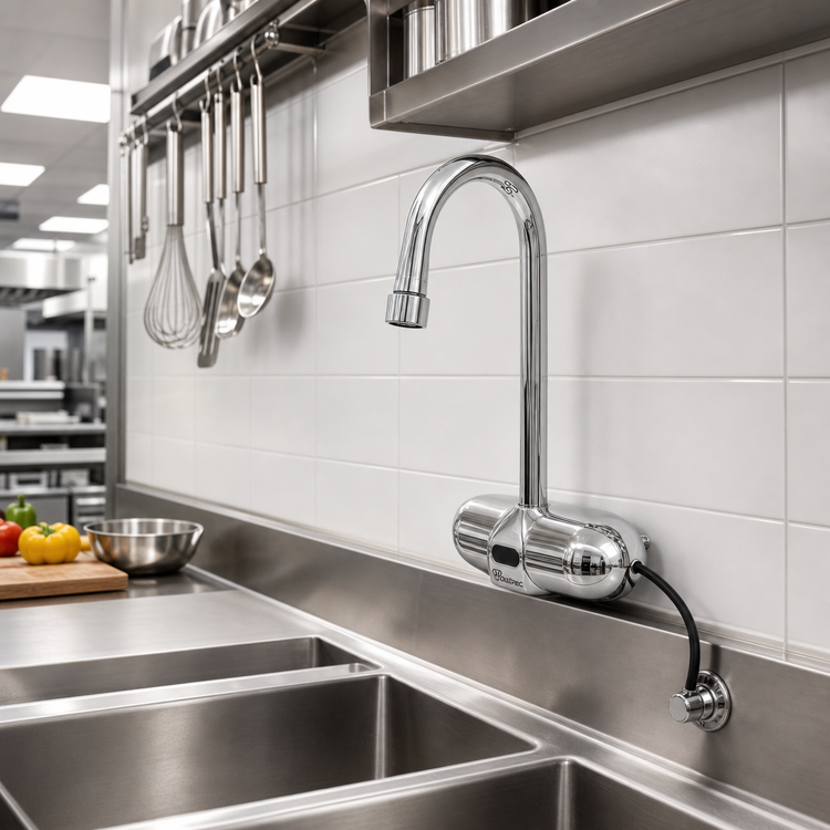 Product image #2 for Low-Lead Touchless 4-Inch Wall-Mount Gooseneck Electronic Sensor Faucet with Thermostatic Mixing Valve