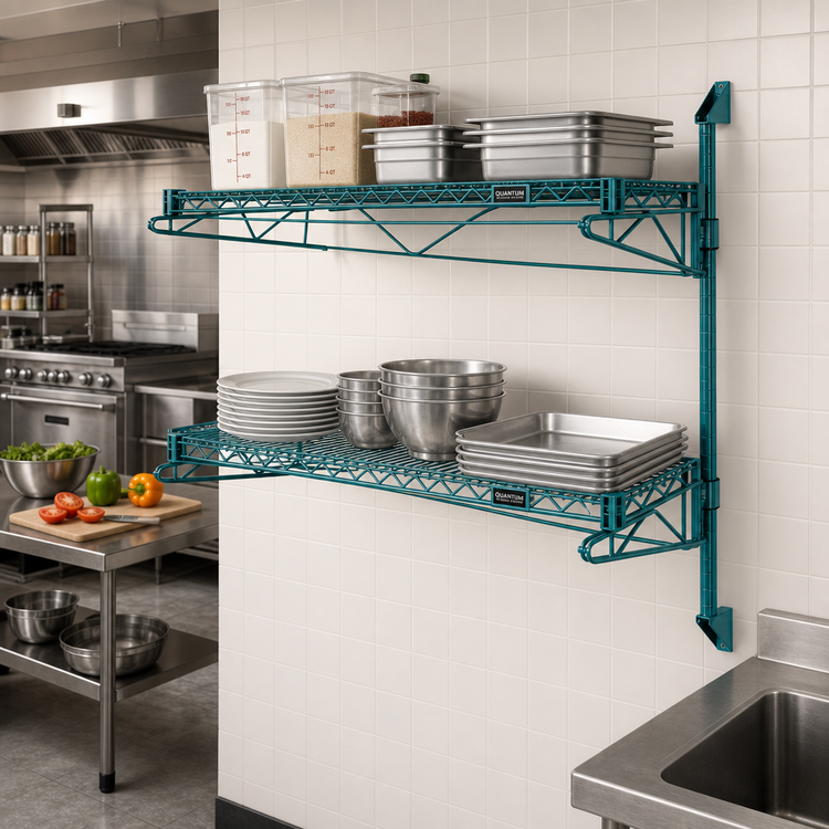 Product image #2 for Quantum Wall-Mount Cantilever Double Shelf Wire Shelving Unit, 72 x 18 Inches, Green Epoxy