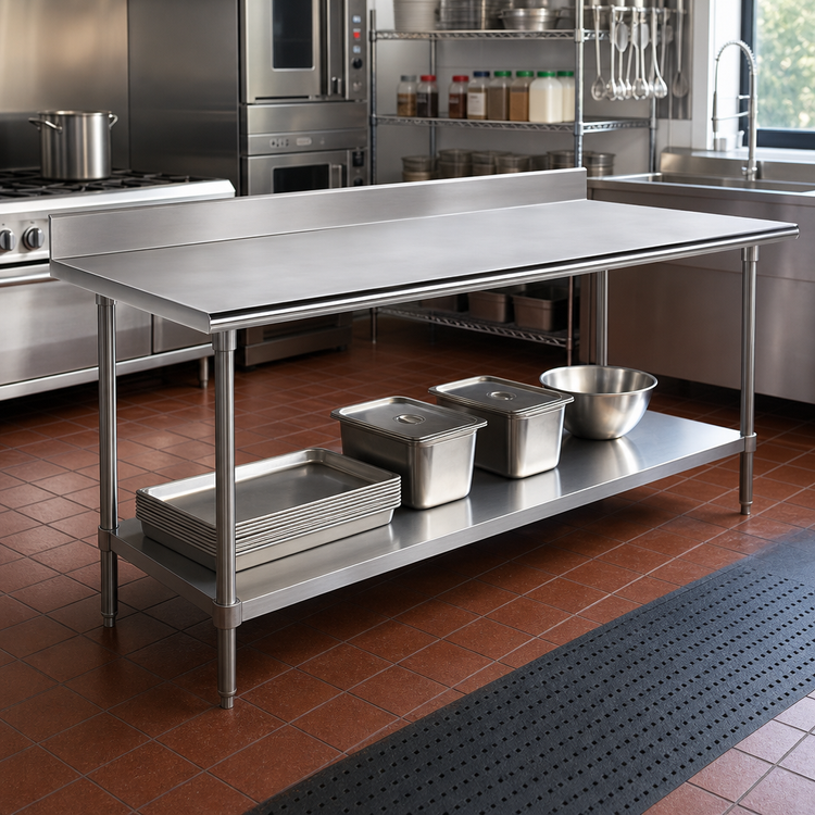 Product image #2 for Advance Tabco KSS-369 108-Inch x 36-Inch 304 Stainless Steel Work Table with 5-Inch Backsplash and Adjustable Undershelf