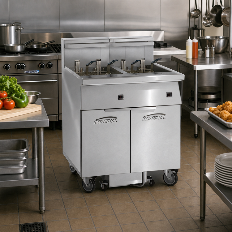 Product image #2 for Imperial 4-Battery Electric Floor Fryer with 75 lb. Tanks and Built-In Space Saver Filter System