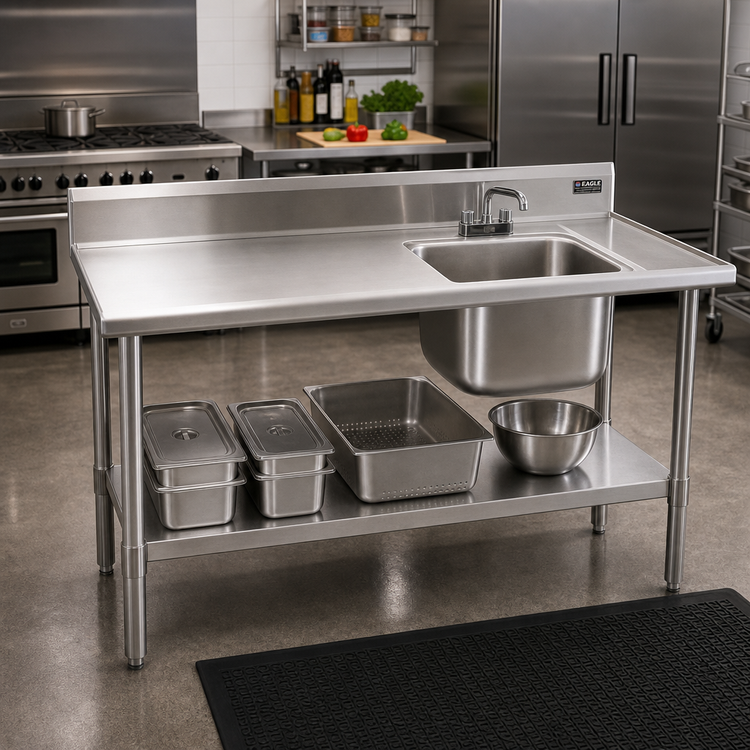 Product image #2 for Eagle Group Deluxe Stainless Steel Sink Table with Right Bowl and Undershelf, 72" W x 30" D