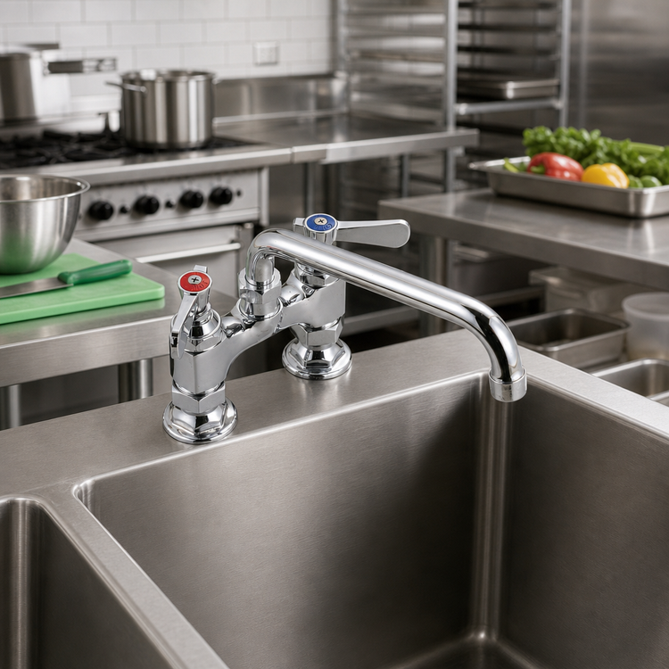 Product image #2 for BK Resources OptiFlow Lead-Free Heavy Duty 4-Inch Centers Deck Mount Faucet with 16-Inch Swing Spout