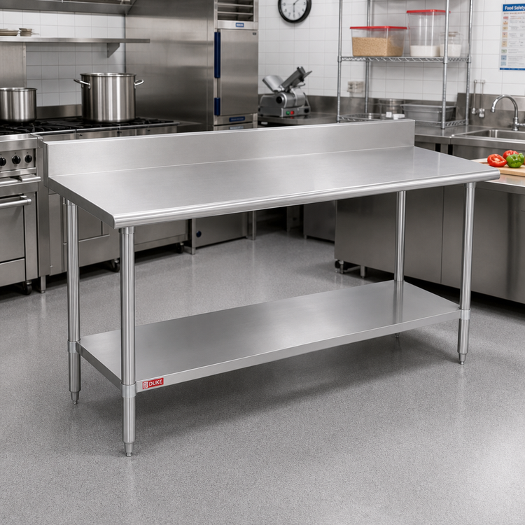 Product image #2 for Duke 30 x 120-Inch 16-Gauge 300 Series Stainless Steel Work Table with 5-Inch Riser, Stainless Undershelf and Posts