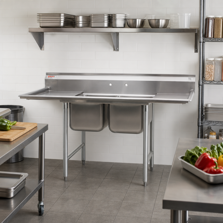 Product image #2 for Eagle Group 2-Compartment Stainless Steel Sink with Left and Right Drainboards, 96-1/2 Inch Wide