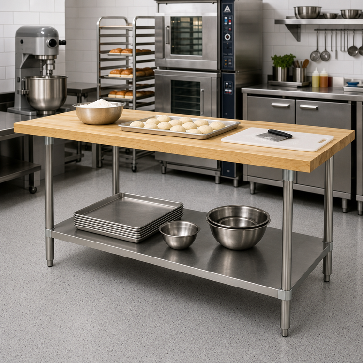 Product image #2 for Advance Tabco 72" x 30" Maple Top Work Table with Stainless Steel Base and Adjustable Undershelf