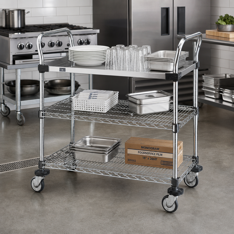 Product image #2 for Metro Super Erecta 3-Shelf Open Chrome-Plated Steel Utility Bus Cart, 36 x 18 Inches