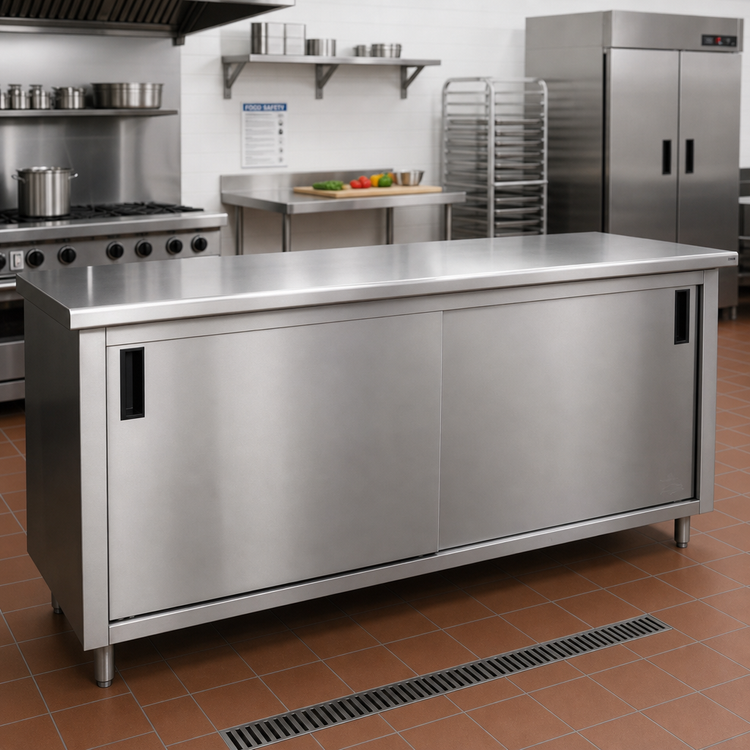 Product image #2 for Advance Tabco 144-Inch x 24-Inch 14-Gauge 304 Stainless Steel Enclosed Work Table with Cabinet Base, Mid-Shelf, and Sliding Doors