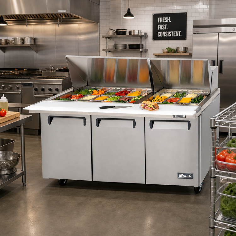 Product image #2 for Migali Competitor Series® 72.7-Inch 3-Section Big Top Sandwich Prep Table, 30-Pan, Rear-Mount Self-Contained Refrigeration
