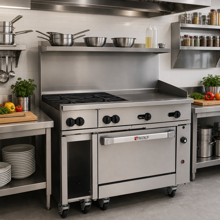 Product image #2 for Wolf Challenger XL 48-Inch Gas Restaurant Range with 4 Open Burners, 24-Inch Griddle and Convection Oven