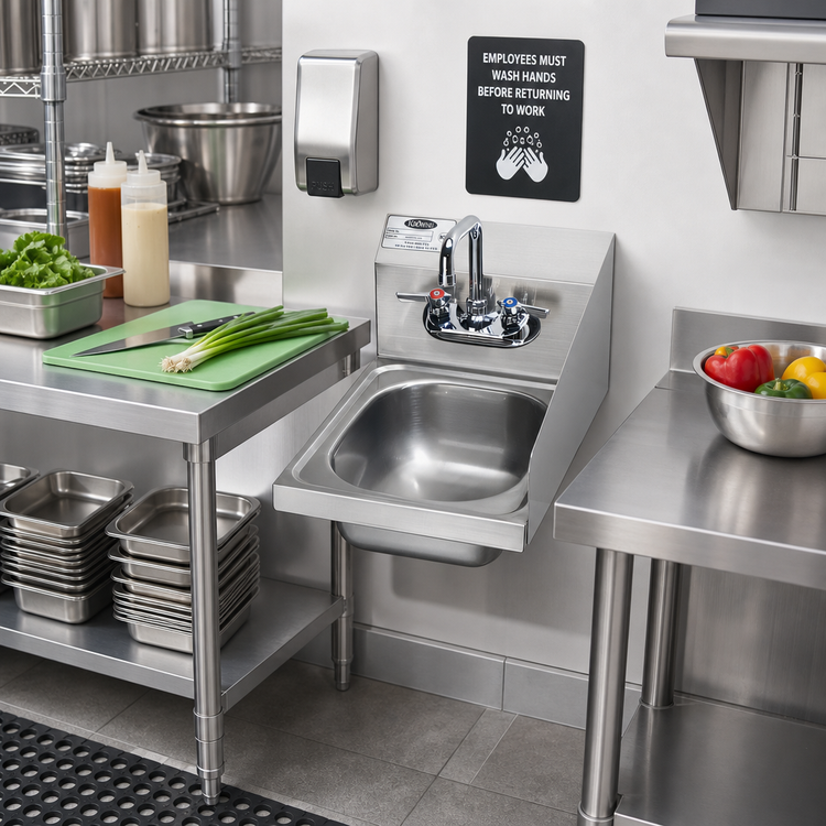 Product image #2 for Krowne 12-Inch Wall-Mount Space Saver Stainless Steel Hand Sink with Right Side Splash and Faucet