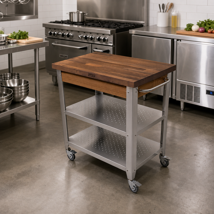 Product image #3 for John Boos Cucina Elegante 30-Inch x 20-Inch Mobile Walnut Butcher Block Cart with Stainless Steel Shelves, No Drawer