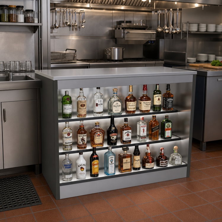 Product image #2 for Glastender 48-Inch Open Front Back Bar Liquor Display Cabinet with 3-Step Display and LED Lighting
