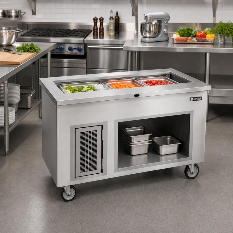 Product image #2 for Randell 3-Pan Mobile Ice-Cooled Cold Food Table with Open Storage Base