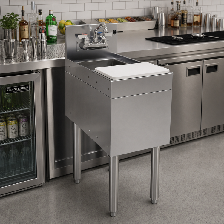 Product image #2 for Glastender 12-Inch Wide x 24-Inch Deep Free-Standing Stainless Steel Underbar Mixology Unit with Sink, Faucet, and Cutting Board