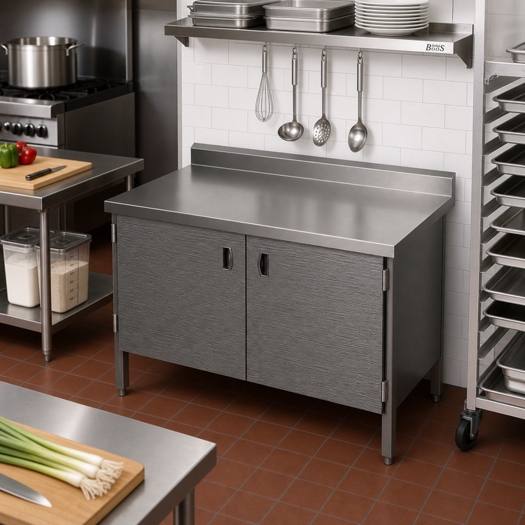 Product image #2 for John Boos Enclosed Base Work Table with Hinged Doors, 60 x 30 Inch, 16-Gauge 300 Series Stainless Steel Top, 5 Inch Backsplash