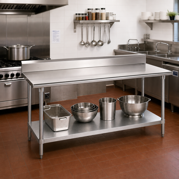 Product image #2 for Advance Tabco Stainless Steel Work Table with 5-Inch Backsplash, Galvanized Undershelf, 120 x 30 Inches