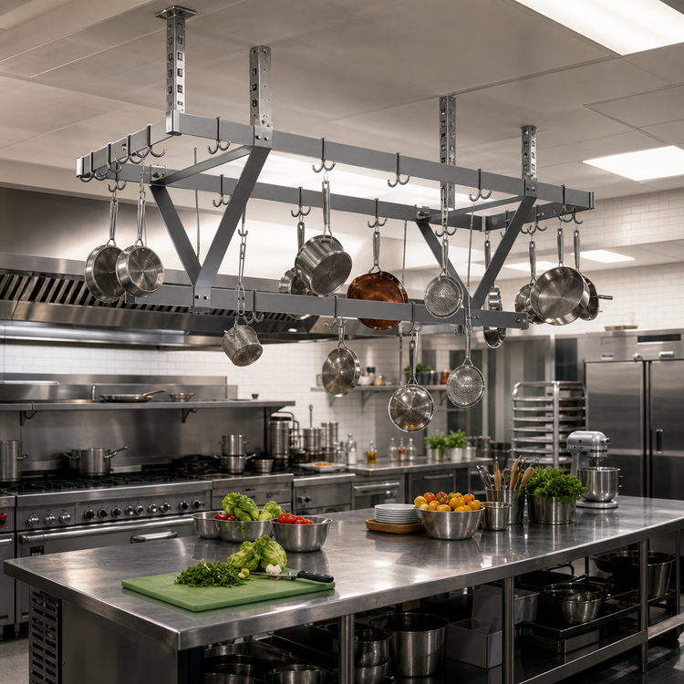 Product image #2 for 76-Inch Ceiling-Mounted Triple-Bar Stainless Steel Pot Rack with 21 Hooks