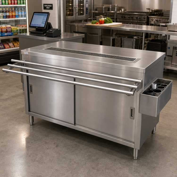 Product image #2 for BK Resources Stainless Steel Cashier-Serve Counter with Sliding Doors and Door-Side Urn Trough, 72W x 30D