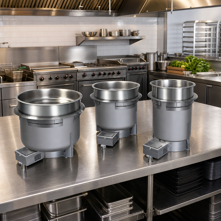 Product image #2 for Hatco Drop-In Round Heated Well Fabricator Component, 7 Qt, Top-Mounted, With Drain, Non-Insulated, Infinite Control, Stainless Steel