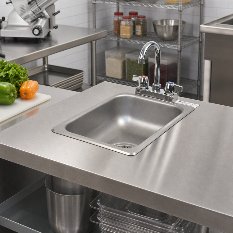 Product image #2 for BK Resources One-Compartment Drop-In Sink with Lead-Free Faucet and Basket Drain, 10 x 14 Inch Bowl