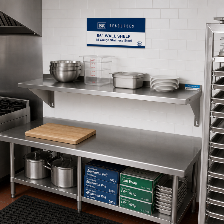 Product image #2 for BK Resources 96-Inch Wall-Mounted Stainless Steel Shelf with 1-1/2-Inch Rear Up-Turn